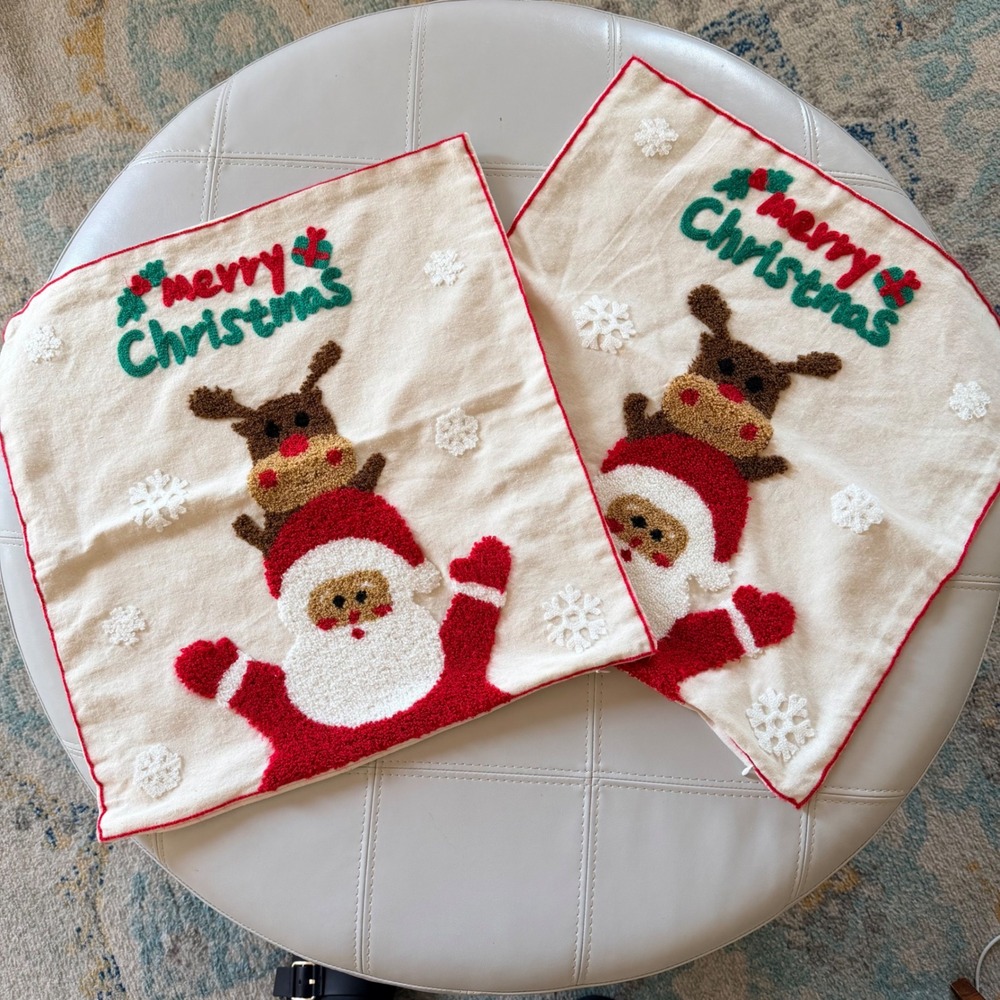 Christmas Pillow Covers Set of 2 Cream Santa Reindeer Tufted 17x17 Farmhouse
